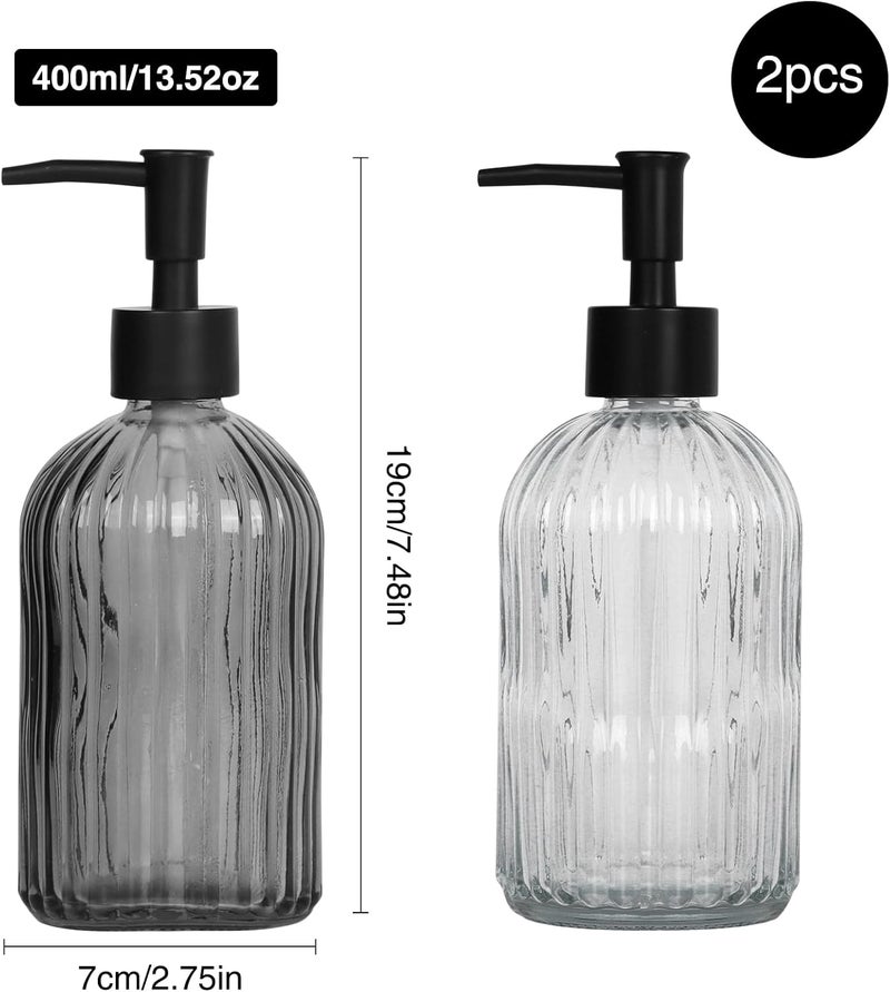 Ulable Black & Clear Glass Soap Dispenser with Plastic Pump, 13.5oz Vertical Stripe Design Hand Soap Dispenser for Dish Wash, Refillable Lotion Dispenser for Bathroom and Kitchen - Image 2